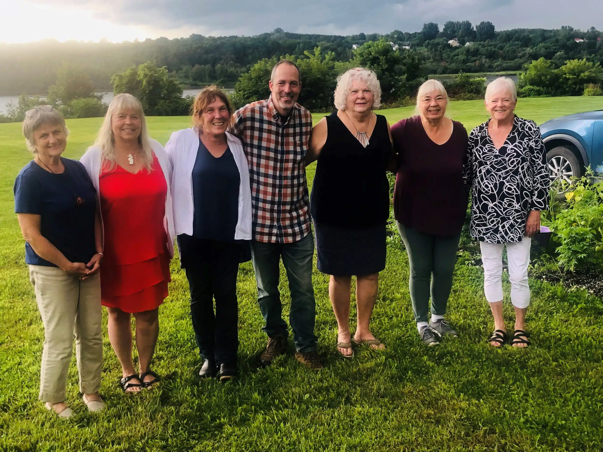 Several artists participating in En Plein Air gather in Grafton on Aug. 11, the night before the inaugural event. From left, Sally Crawford, Jaunita Power, Janelle Newcomb, Grant Lounsbury, Susanne Hansen, Alice Sahagian and Ann White. (Jim Dumville photo)