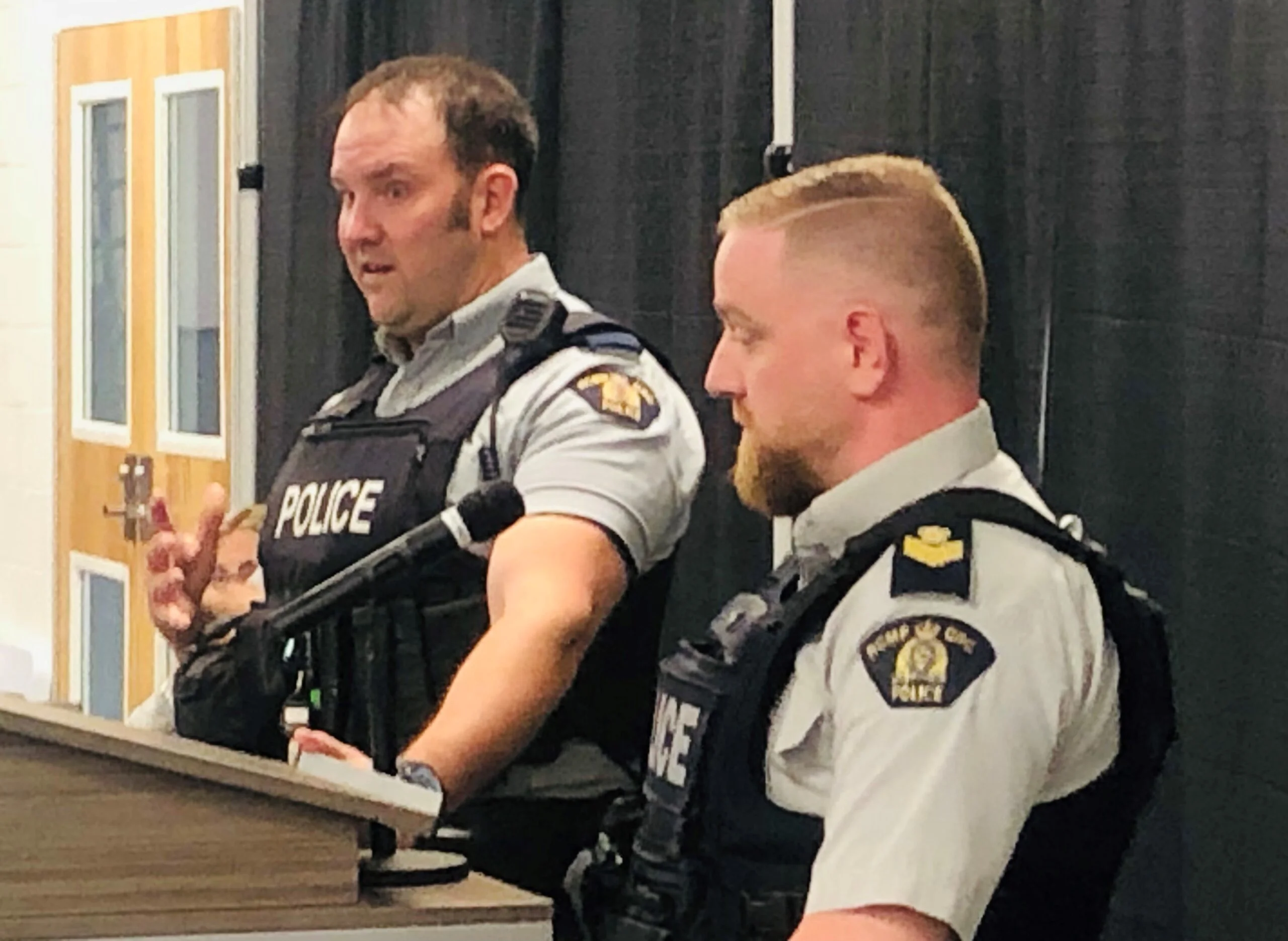 RCMP Cpl. James Gallant and Sgt. Dan Sharpe address Woodstock council on Sept. 12. (Jim Dumville photo)