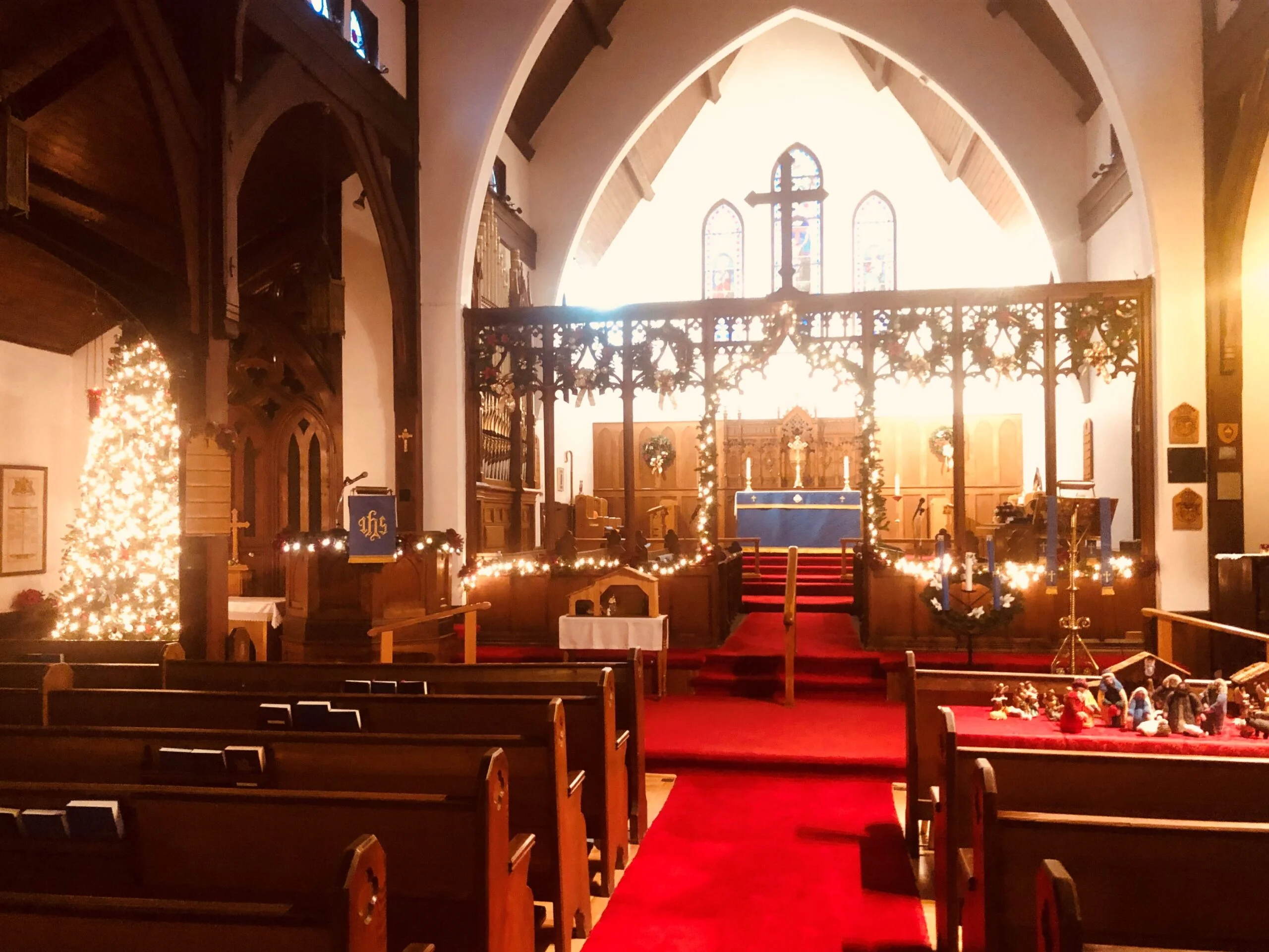 St. Luke’s Anglican Church is decorated for the season, including the Nativity scene to the left of the pulpit, where children of the congregation add figures every Sunday to Christmas, ending with Baby Jesus. (Jim Dumville photo)