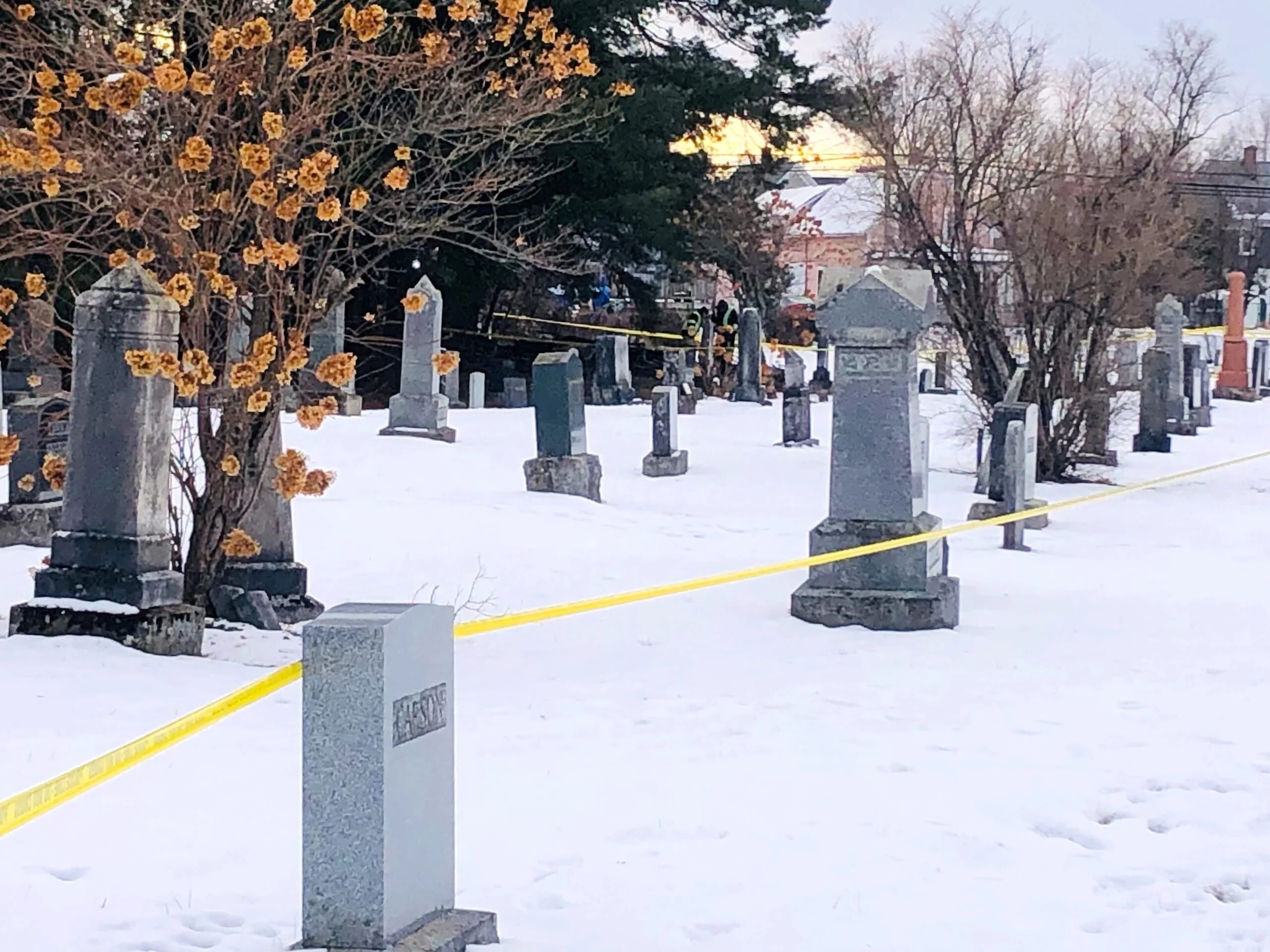 Police tape surrounds the scene of an early morning shed fire on Jan. 8, which claimed the life of one man. Police did not identify the victim, noting police don’t consider the incident criminal, nor does it pose a threat to the community. (Jim Dumville photo)
