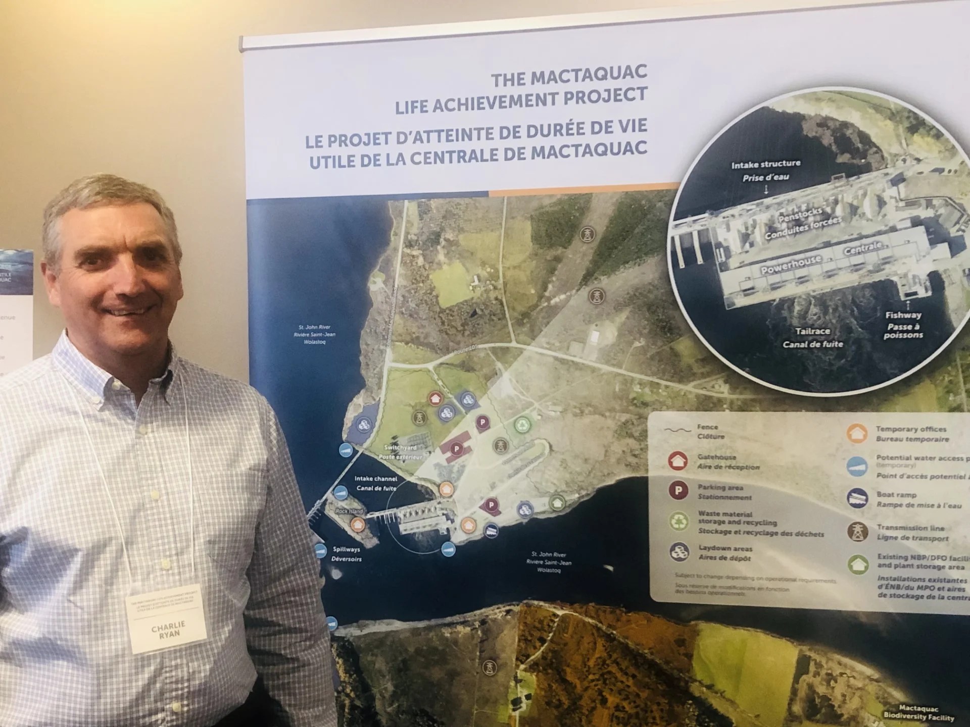 Project Manager Charlie Ryan and colleagues attended the open house in Woodstock on April 14 to answer questions about the environmental impact of the Mactaquac Life Achievement Project. (Jim Dumville photo)