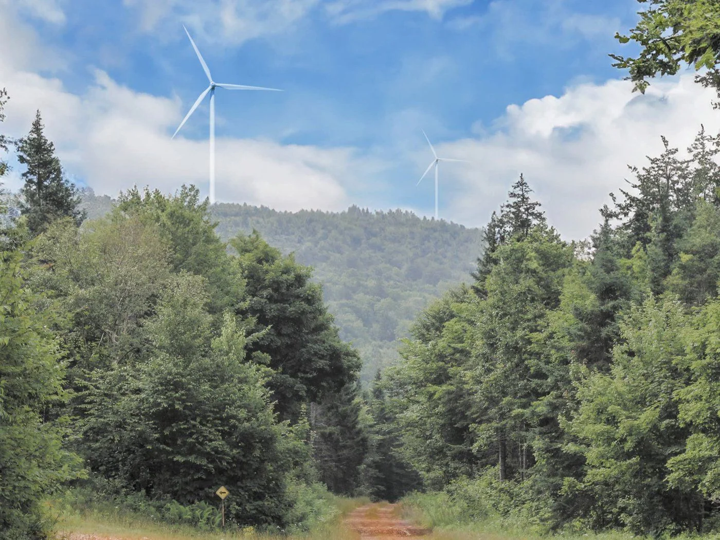 J.D. Irving, Limited’s Brighton Mountain Wind Farm project would bring a total of 58 turbines and 350 megawatts of power to forestry land it owns in Carleton County, according to an environmental impact assessment. A photomontage shows the potential view of turbines from an ATV trail on the site. (SUBMITTED/HATCH LTD.)