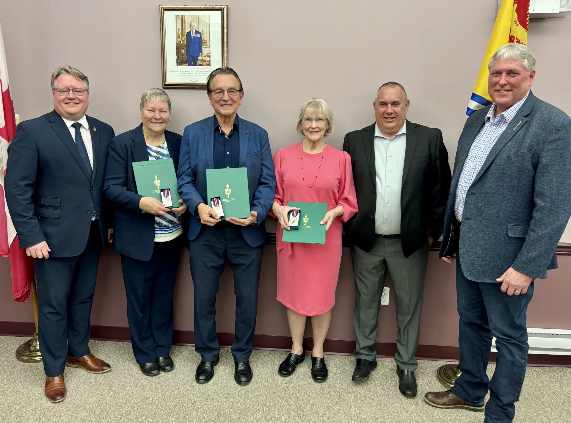 Nackawic-Millville dedicated its Jan. 6 council meeting to the presentation of the King Charles Coronation Medals. From left, Tobique-Mactaquac MP Richard Bragdon, recipents Judy Ingraham, John Maunder, and Sharron Connor, Mayor Tim Fox, and Carleton York MP Richard Ames. (Jim Dumville photo)
