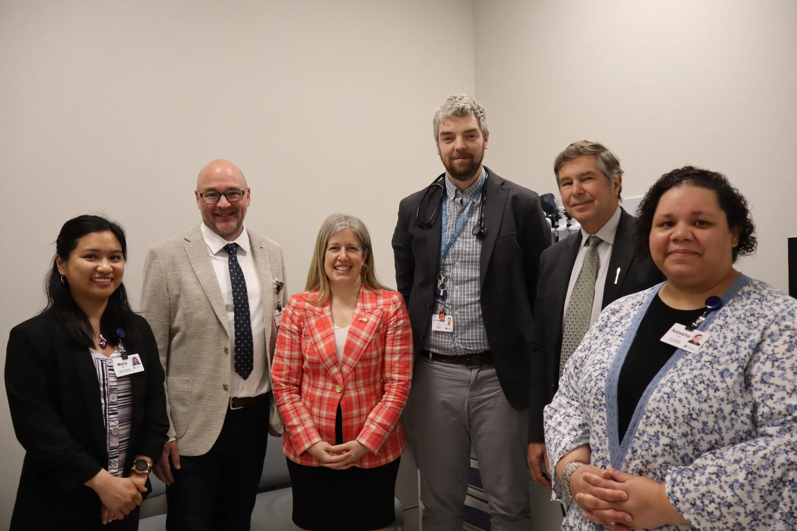 From left, Clinical Executive Director for Horizon’s Primary Care Program Maily Lockhart, Director for Primary Care with Horizon Thomas Ross, Premier Susan Holt, Dr. Stuart Lockhart, Dr. John Dornan, and Natasha Lemieux gather to celebrate the huge milestone for the Carleton North community. (Paige Morgan photo)