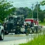 Transport truck on fire disrupts traffic in Woodstock