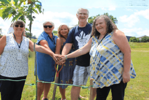 The organizing committee of the Nackawic High School Class of 1975 50th Reunion planted a red oak in memory of graduates who have passed away. From left, Jocelyn Martin, Kimberley Bourgoin, Lorrie Pelletier, Dan Brown, and Jane Diduch. (R.J. Schumacher photo)