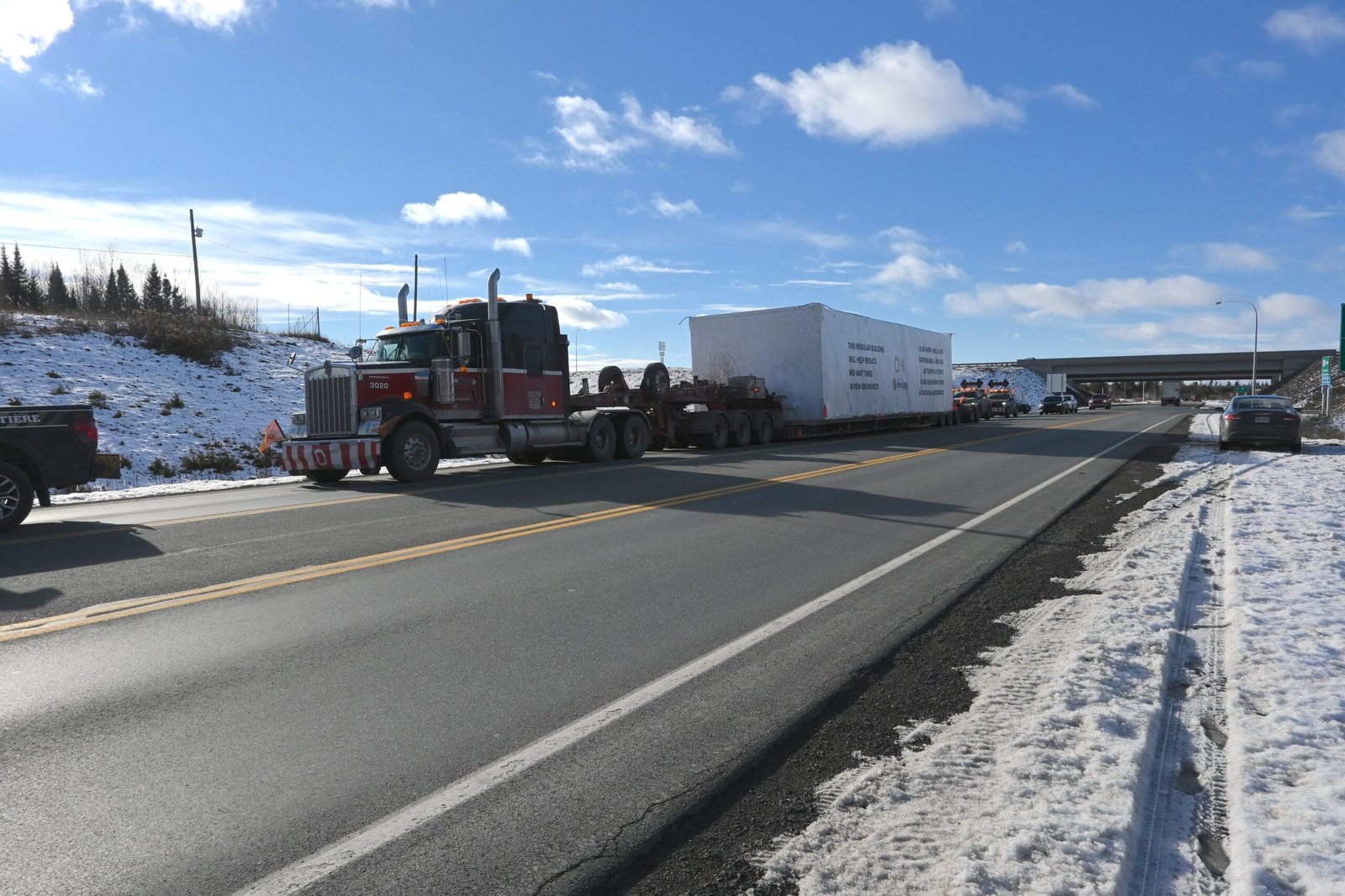 The modular accommodation unit that will house the MRI at the Upper River Valley Hospital in Waterville arrived today, Nov. 18. (Theresa Blackburn photo)