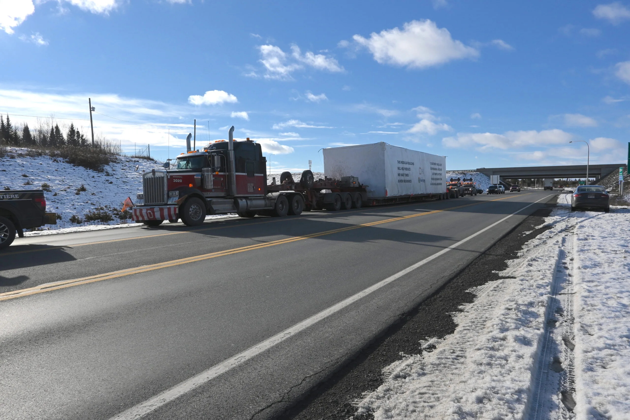 The modular accommodation unit that will house the MRI at the Upper River Valley Hospital in Waterville arrived today, Nov. 18. (Theresa Blackburn photo)