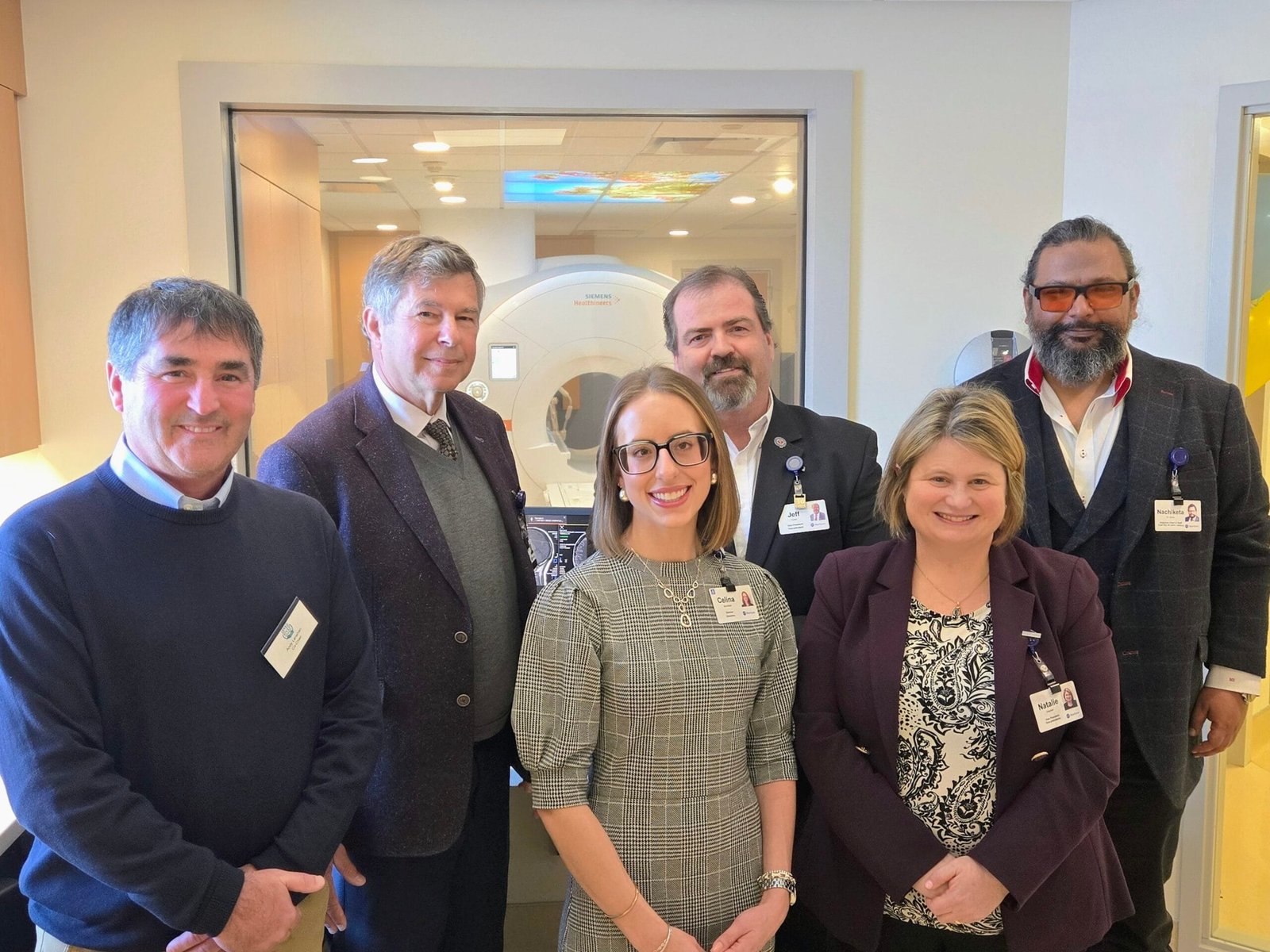 Members of the Upper River Valley Hospital Foundation, Horizon Health, and the New Brunswick government celebrated the opening of the new MRI machine at the Upper River Valley Hospital on Thursday, Feb. 19. From left to right are Andy Lenehan, Health Minister John Dornan, Celina Bountalas, Jeff Carter, Natalie Urquhart, and Nachiketa Sinha.