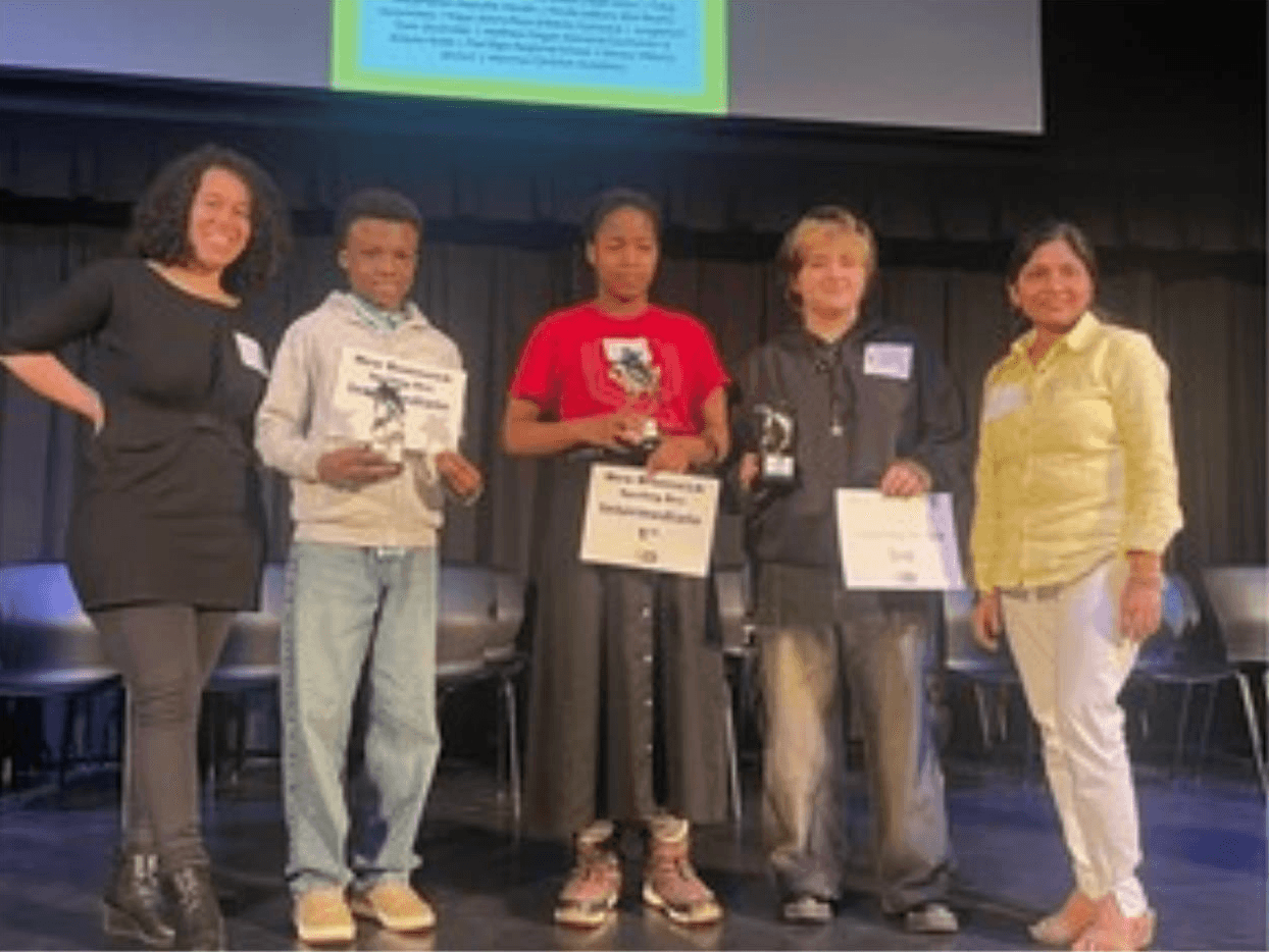 Intermediate spelling champions after the first in-person New Brunswick provincial Spelling Bee. Winners pose with the event’s two co-chairs, Monique Pereira and Divya Gupta. (Submitted photo)