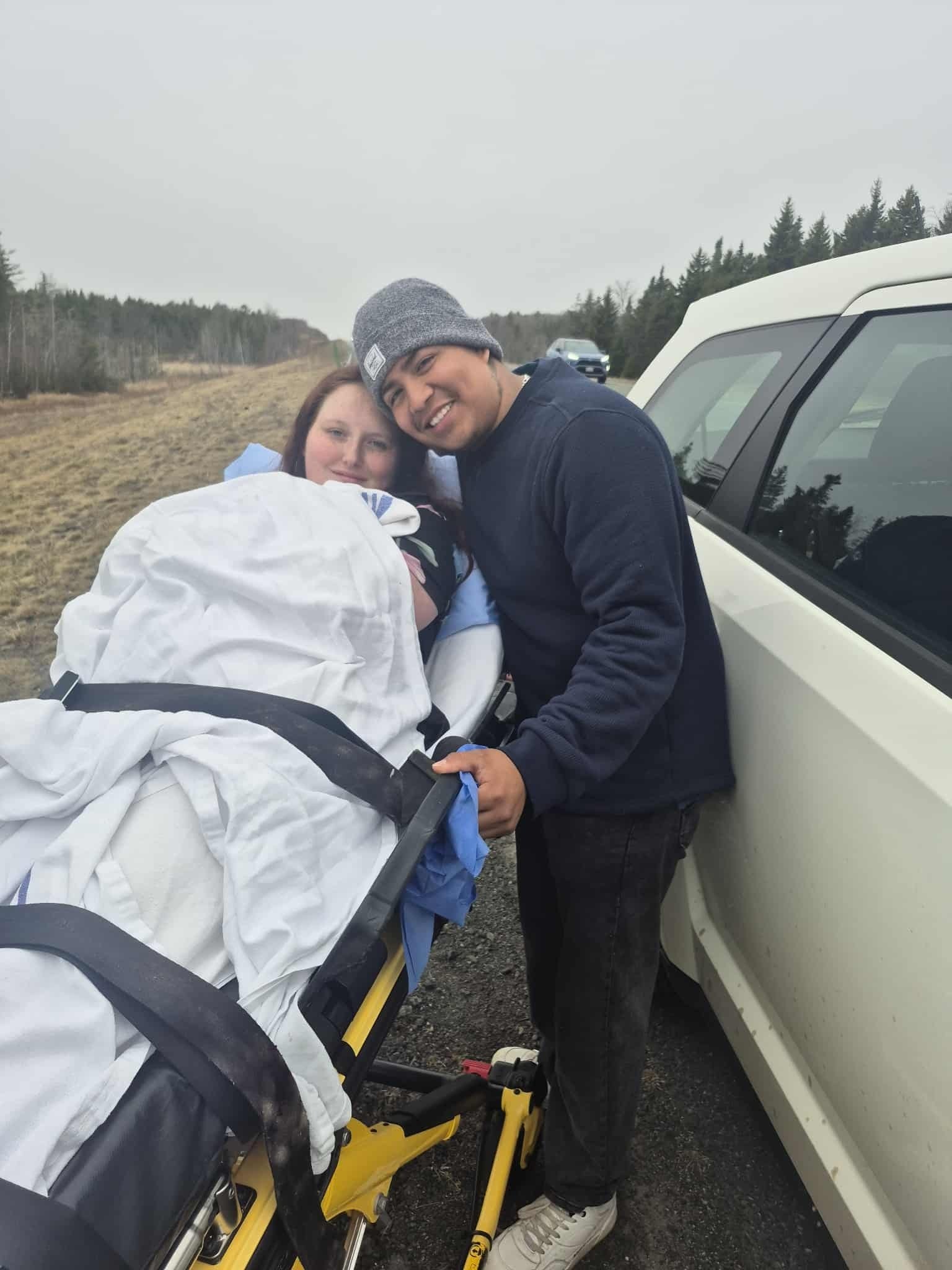Mariah Jackson (left) and Fernando Gonzalez (right) after the birth of their son, Liam, along the Trans-Canada Highway in April, when the labour and birth unit at the Upper River Valley Hospital in Waterville was closed due to a staffing shortage. (Submitted photo)