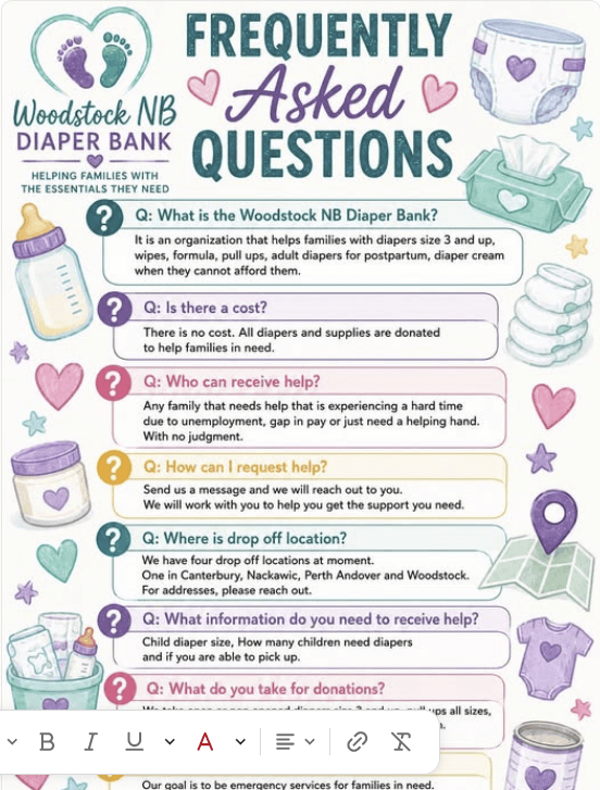 The Woodstock NB Diaper bank is committed to helping those in need and provides many supplies (Submitted photo)