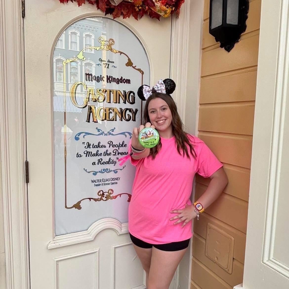 Addison Grey at Disney World in Oct. 2025, shortly after finding out she was selected for a position at the Canadian Pavilion at Epcot. She is standing by Cast Headquarters holding her “Future Cast Member” pin. (Submitted photo)
